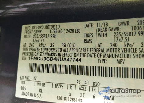 2019 Ford Escape Se из США, поврежденный, VIN 1FMCU0GD4KUA47744